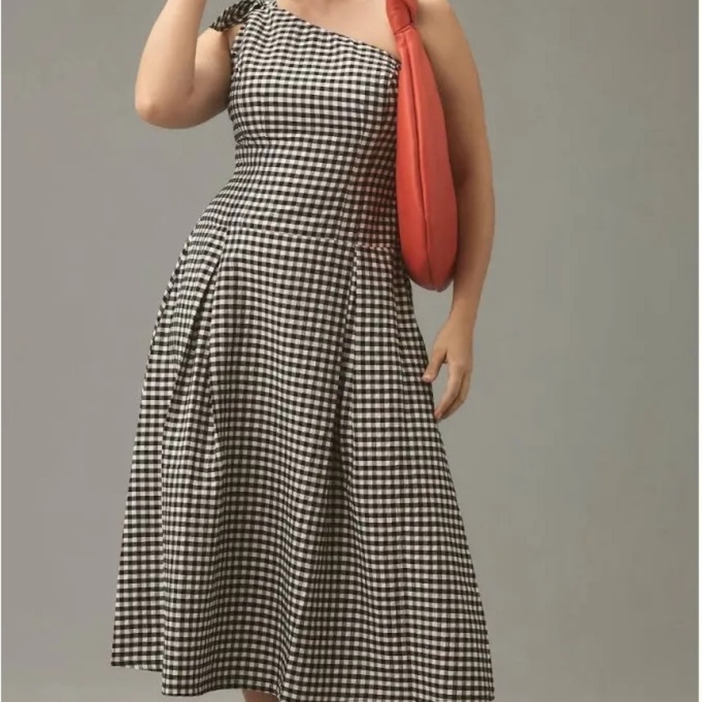 Anthropologie Black and White Gingham One-Shoulder Dress